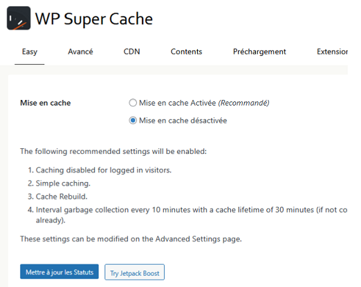 réglage de wp super cache
