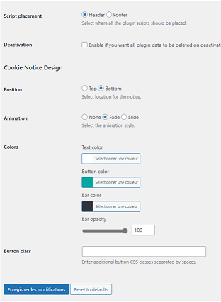 Backend du plugin de Cookie Notice & Compliance for GDPR / CCPA