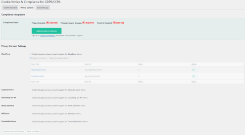 Backend du plugin de Cookie Notice & Compliance for GDPR / CCPA