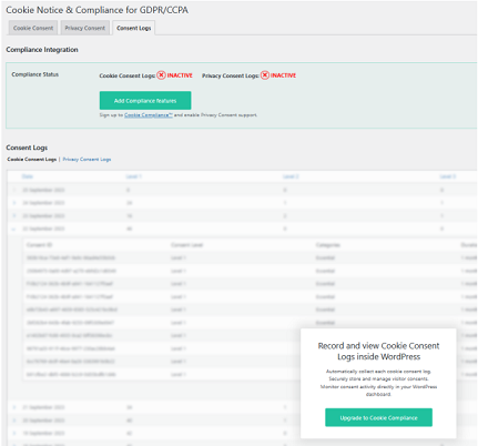 Backend du plugin de Cookie Notice & Compliance for GDPR / CCPA
