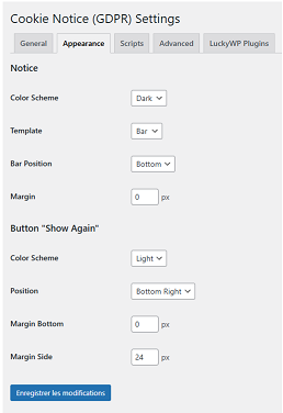 Backend du plugin wordpress de LUCKY WP COOKIE(GDPR)